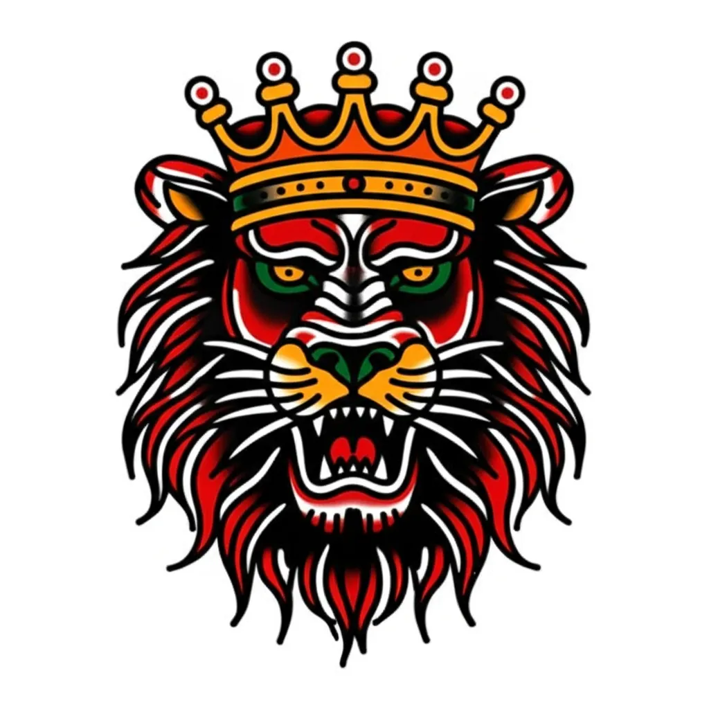 American Traditional Lion with Crown Tattoo Design