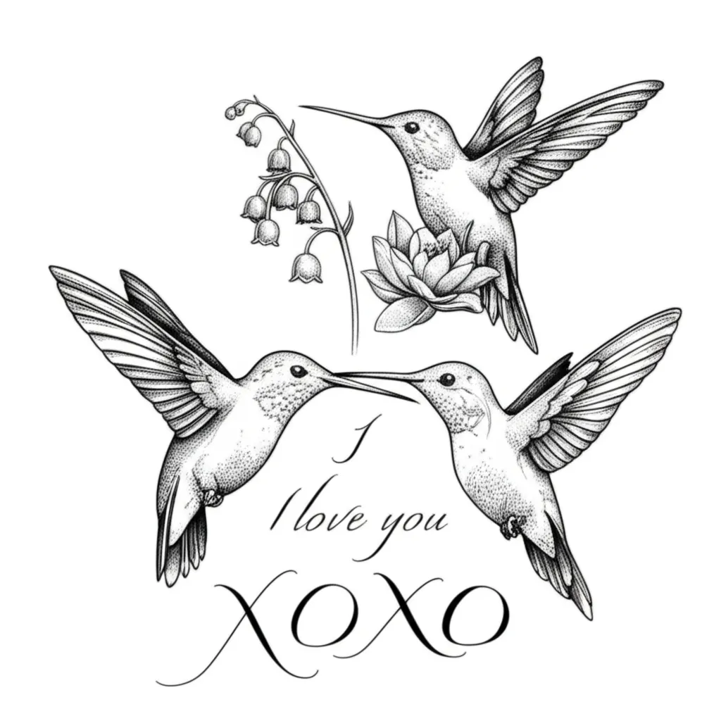 Hummingbird Tattoo with Rose, Lily & 'I Love You XOXO' in Fine Line Style