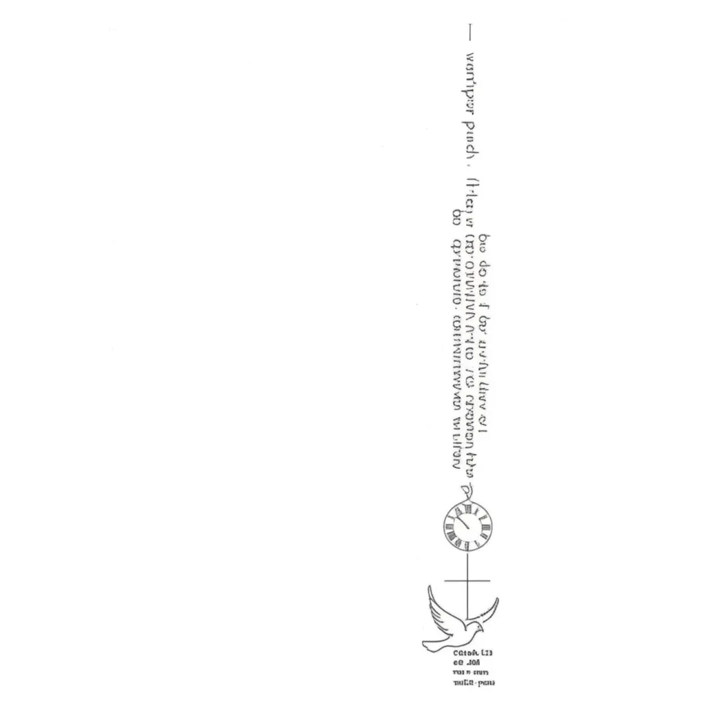 Minimalist Christian Line Tattoo Design with Dove, Clock, and Scripture
