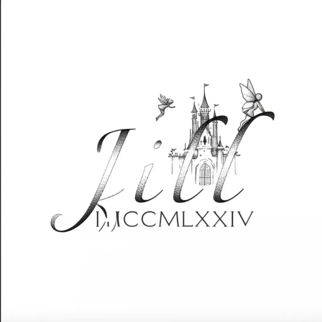 Jill Name Tattoo with Roman Numerals, Castle & Fairies - Fine Line Style