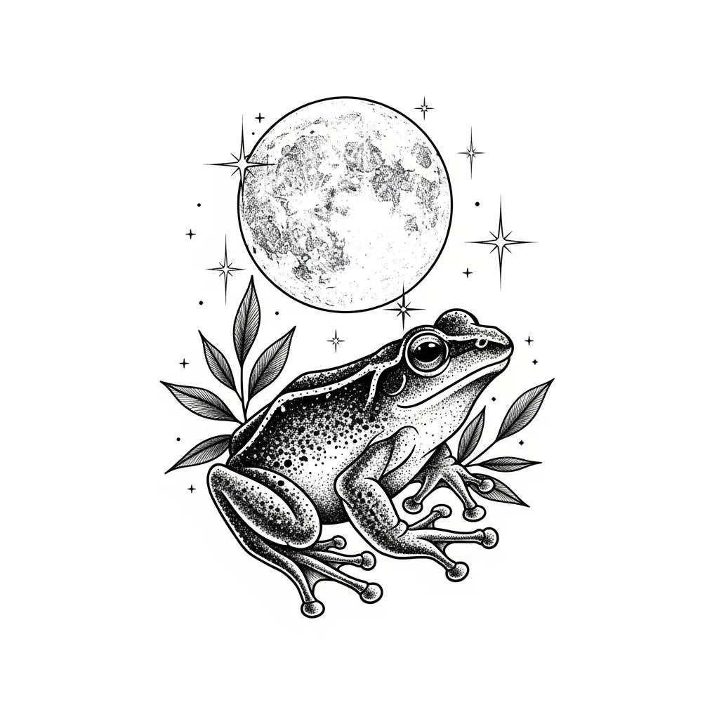 Blackwork Frog and Moon Tattoo Design