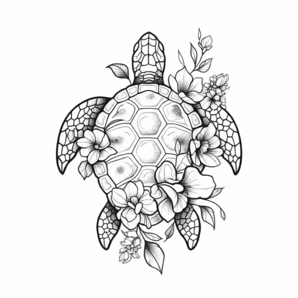 Fine Line Turtle Tattoo with Gothic Flowers: Unique Design