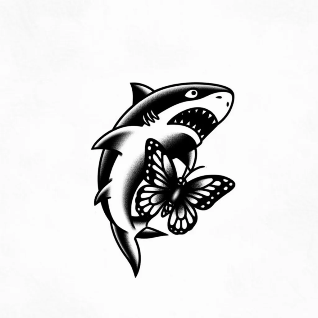 Shark and Butterfly Friendship Tattoo - American Traditional Style