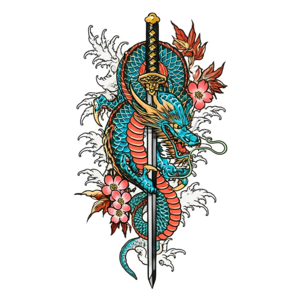 Dragon and Katana Tattoo: Japanese Traditional Design