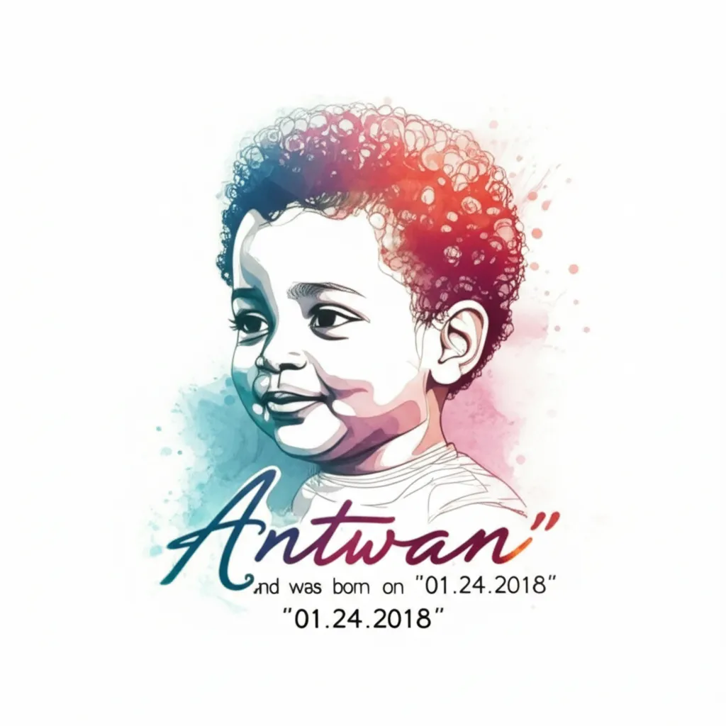 Watercolor Tattoo of Son's Name 'Antwan' with Birthdate