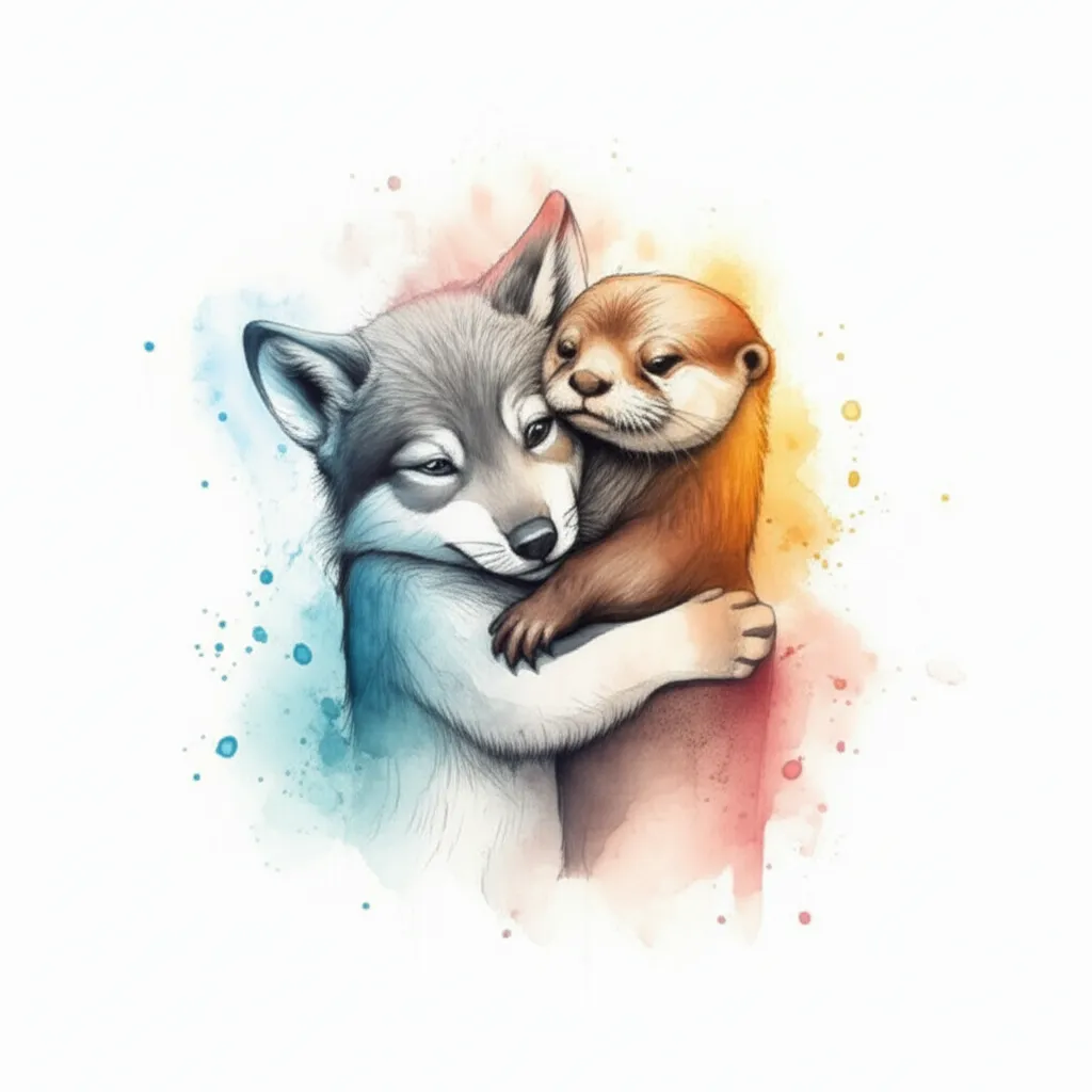 Cute Wolf and Otter Hugging Watercolor Tattoo Design Cute Wolf and Otter Hugging Watercolor Tattoo Design