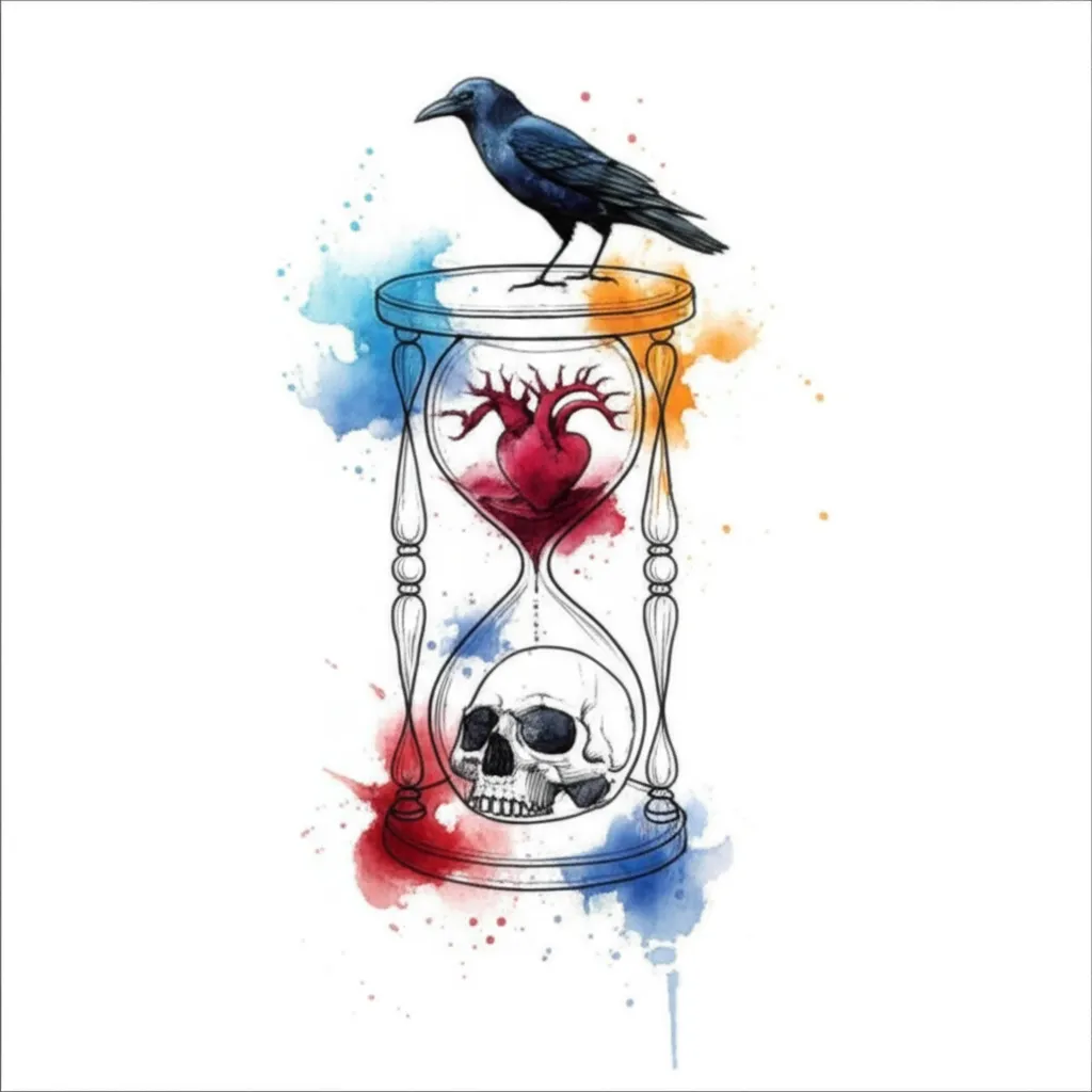 Watercolor Hourglass Skull Heart Crow Tattoo Design Watercolor Hourglass Skull Heart Crow Tattoo Design