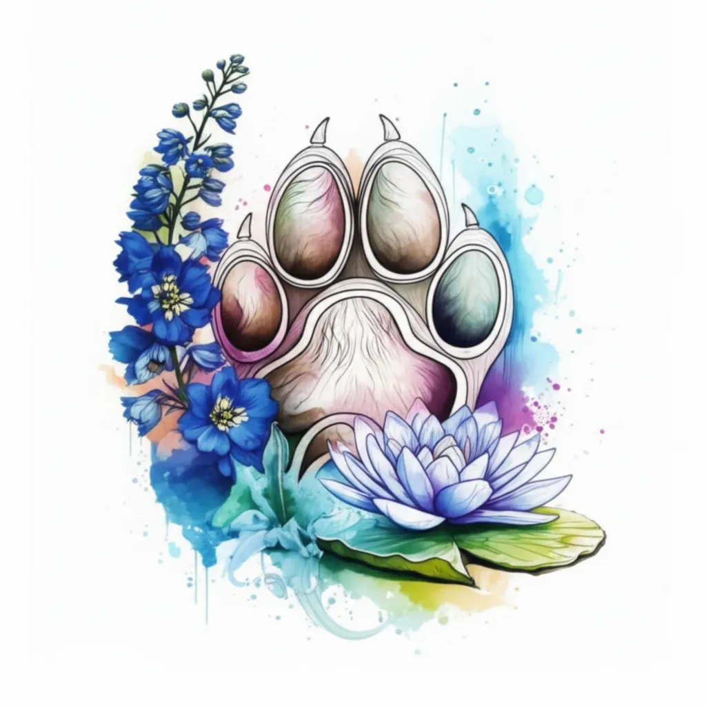 Watercolor Dog Paw Tattoo with Larkspur and Water Lilies Watercolor Dog Paw Tattoo with Larkspur and Water Lilies