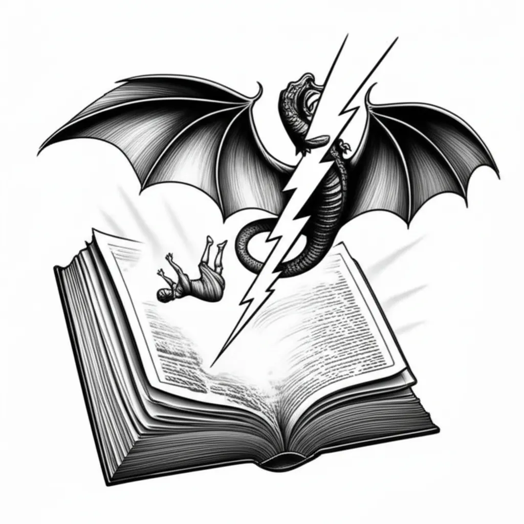 Illustrative Tattoo Design: Open Book, Dragon, Lightning, and Falling Girl