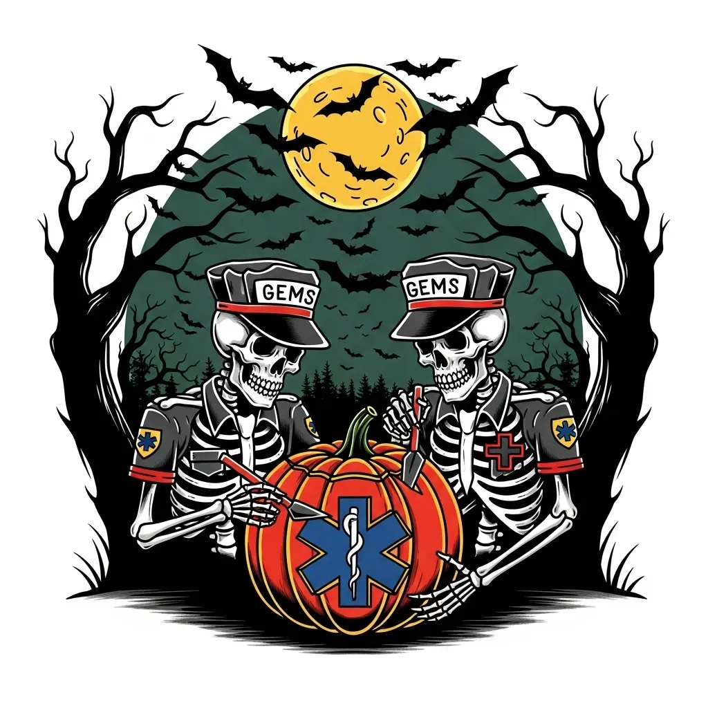 Old School Halloween Tattoo: Paramedic Skeletons Carving Pumpkin