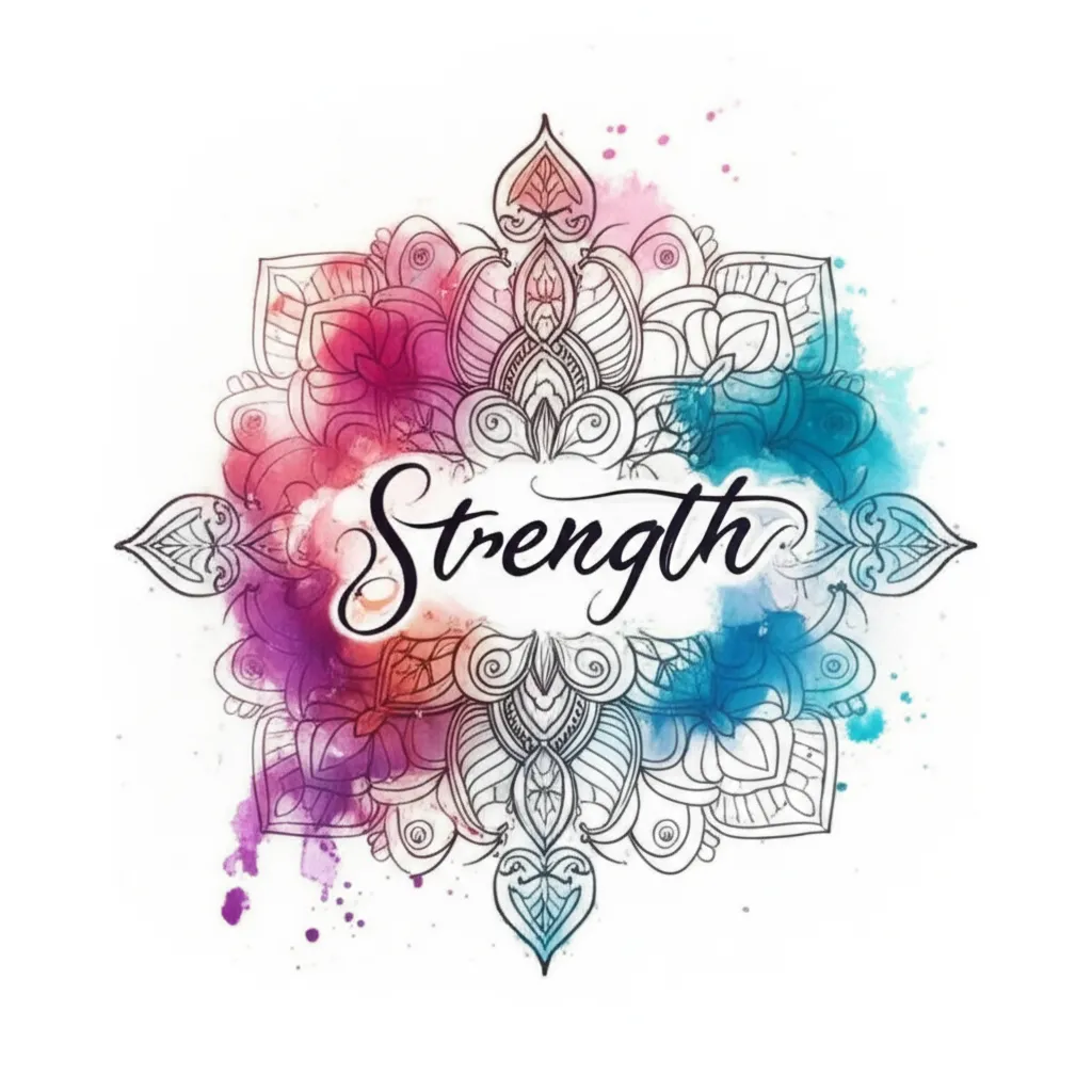 Watercolor Mandala Tattoo with 'Strength' Script on Arm