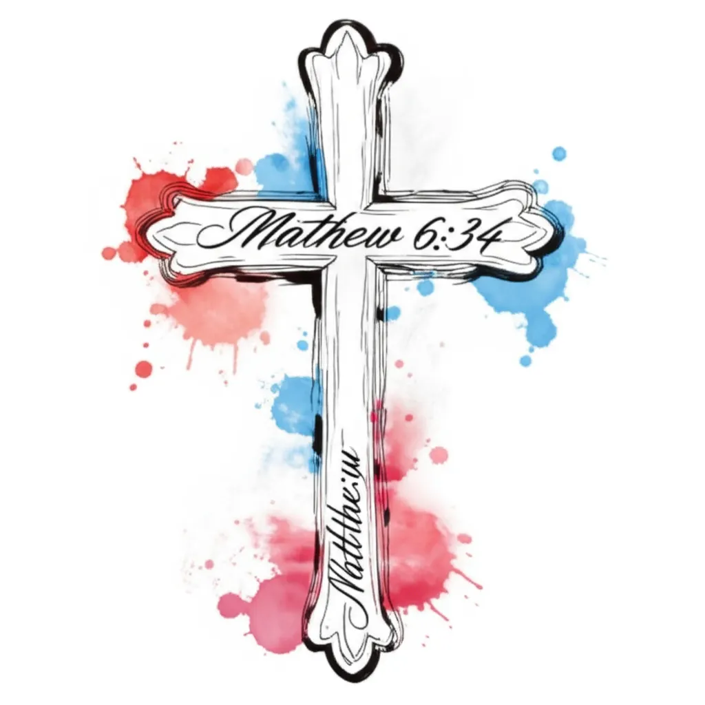 Watercolor Cross Tattoo with Mathew 6:34 for Men - Meaning & Designs