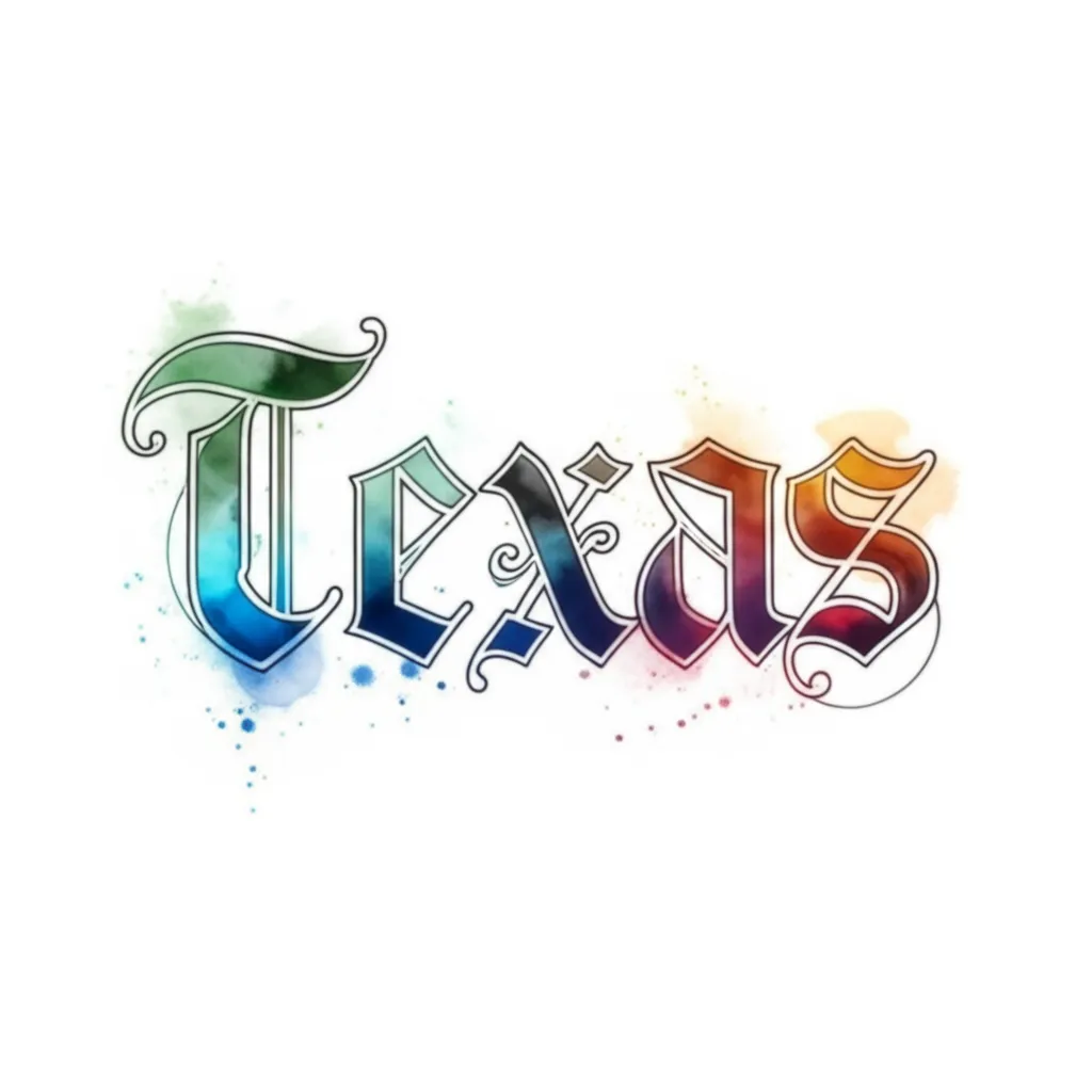 Texas in Gothic Font Watercolor Tattoo Design
