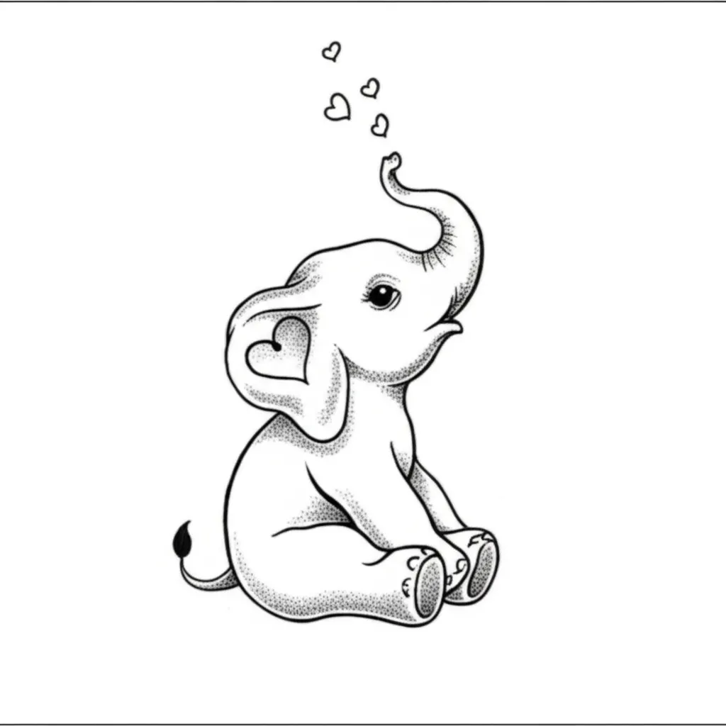 Baby Elephant with Hearts Fine Line Tattoo Design Baby Elephant with Hearts Fine Line Tattoo Design