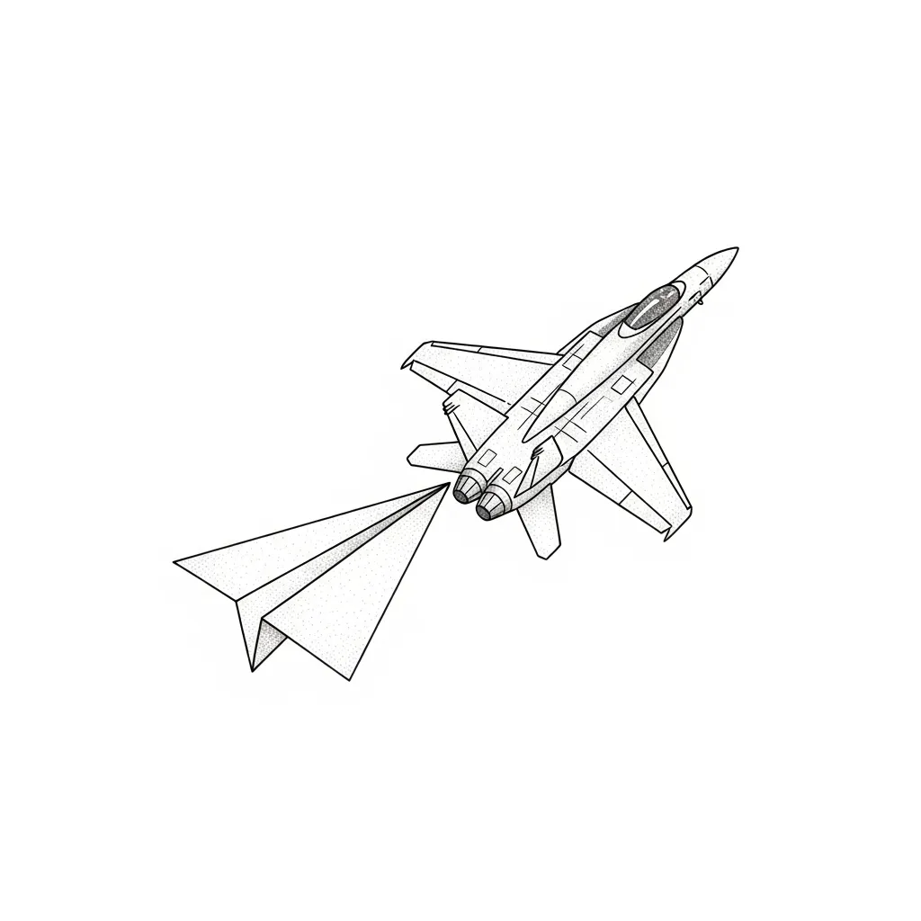 Paper Airplane to F18 Fighter Jet Fine Line Tattoo