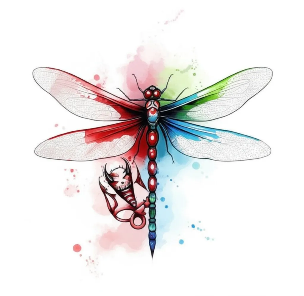 Watercolor Dragonfly Tattoo with Traditional Devil Design Watercolor Dragonfly Tattoo with Traditional Devil Design