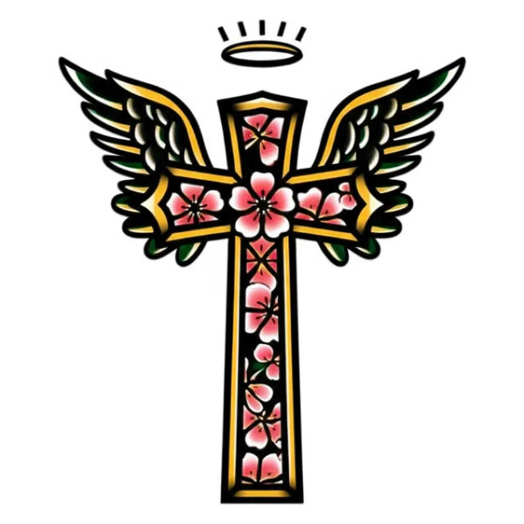 American Traditional Cross Tattoo with Cherry Blossoms and Angel Wings