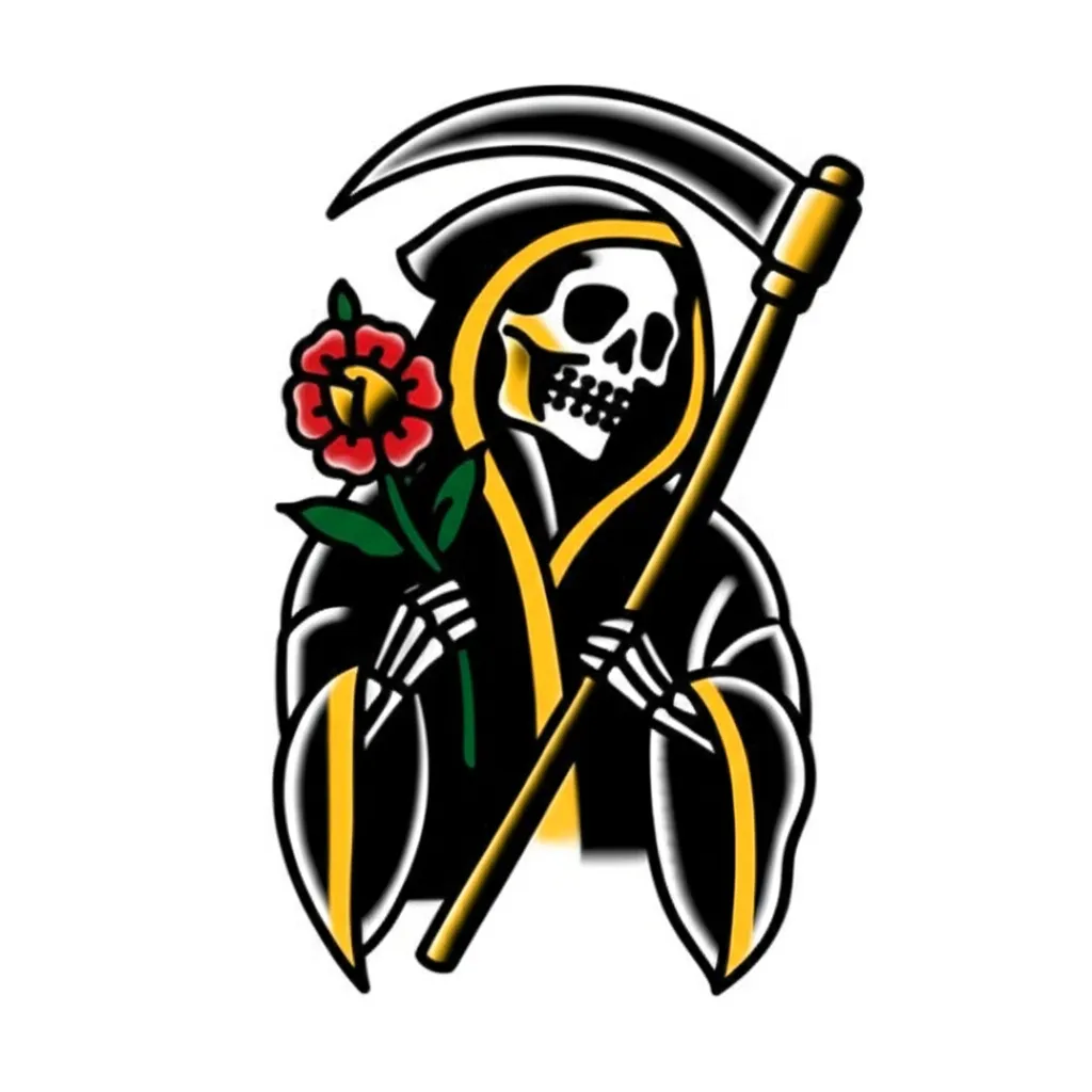 Grim Reaper Holding Flower Old School Tattoo Design