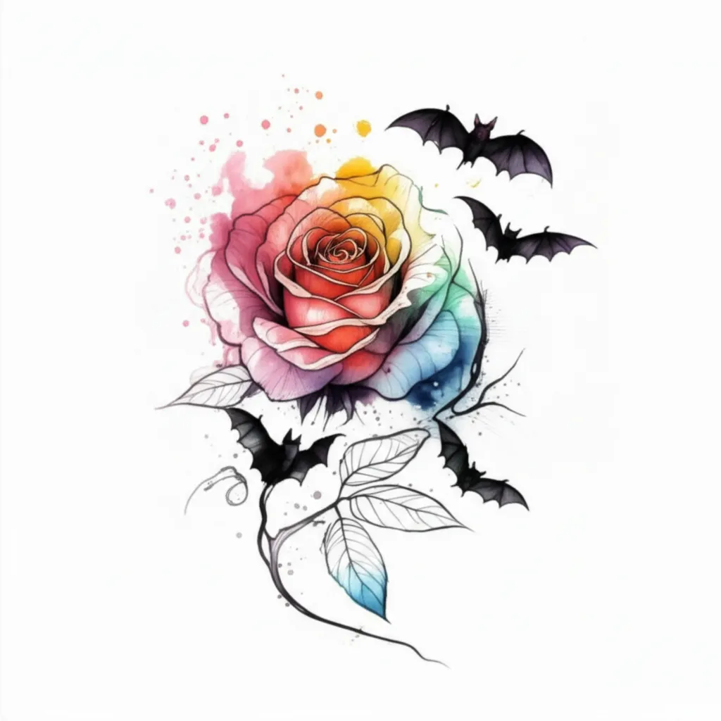 Watercolor Rose and Bats Collarbone Tattoo Design Watercolor Rose and Bats Collarbone Tattoo Design