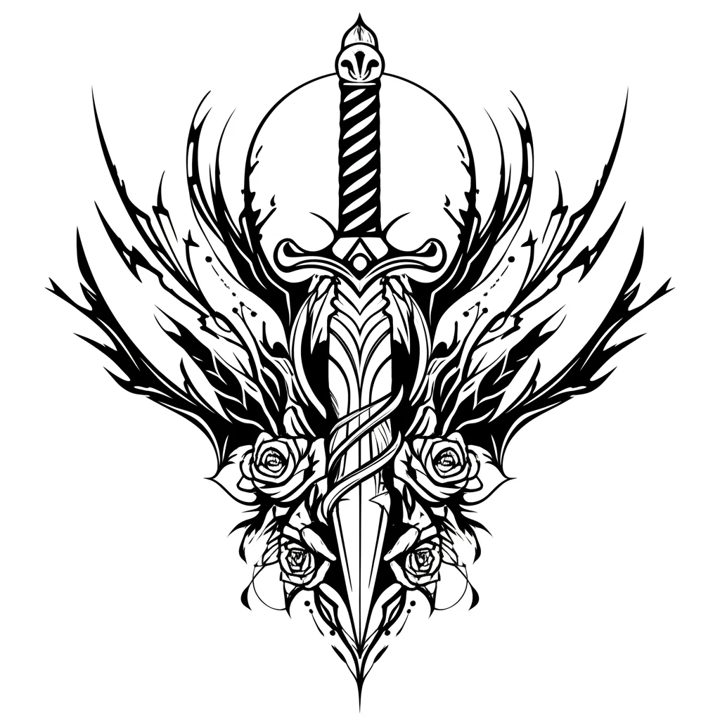 Cyber Sigilism Dagger with Roses and Thorns Tattoo Design Cyber Sigilism Dagger with Roses and Thorns Tattoo Design