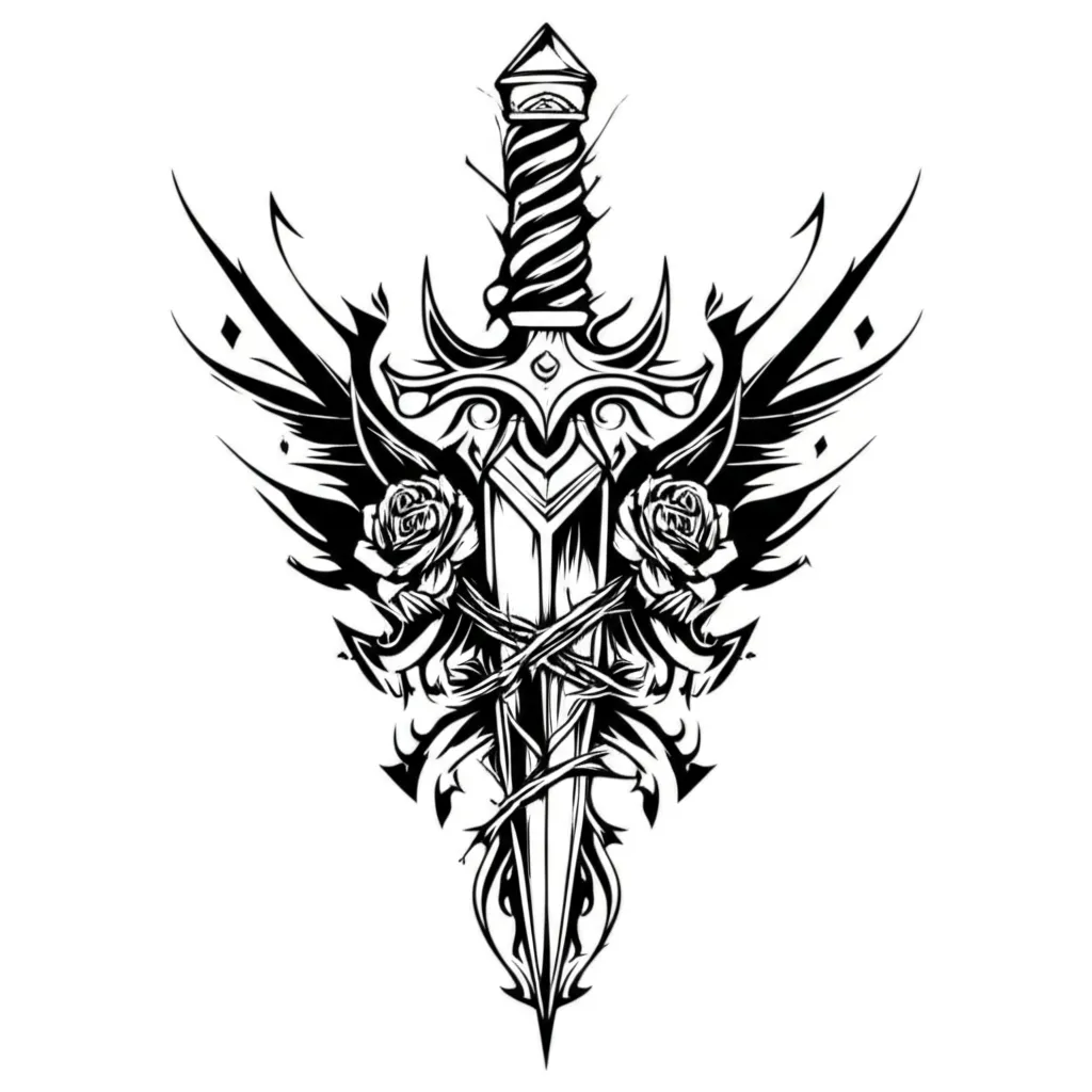 Cyber Sigilism Dagger with Roses and Thorns Tattoo Design