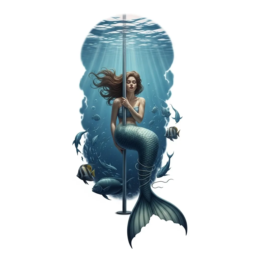 Hyperrealistic Mermaid Stripper Pole Tattoo Design