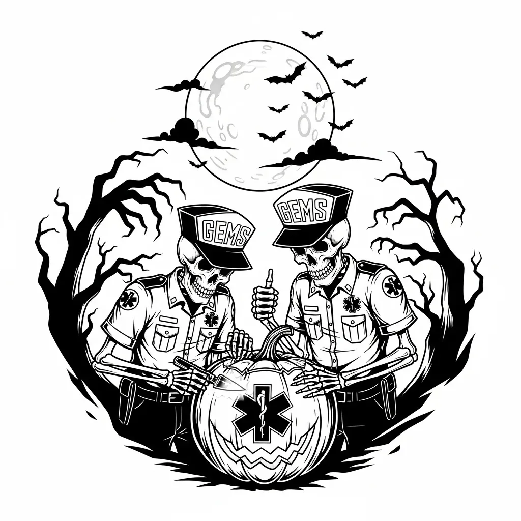 Graffiti Tattoo: Paramedic Skeletons Carving Star of Life Pumpkin