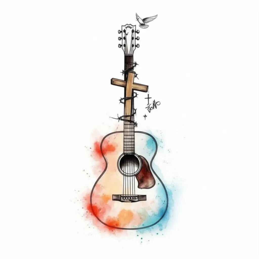 Watercolor Guitar with Cross and Dove Tattoo Design Watercolor Guitar with Cross and Dove Tattoo Design