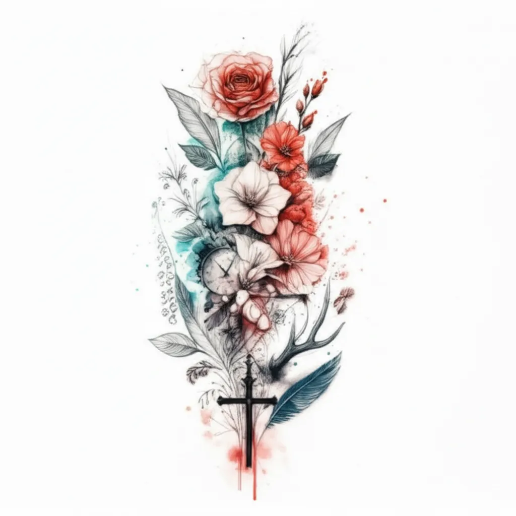 Watercolor Sleeve Tattoo with Flowers, Skull, Clock and Cross