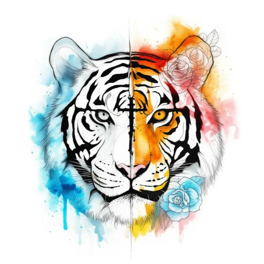 Watercolor Tiger Face with Roses and Cross Tattoo Design Watercolor Tiger Face with Roses and Cross Tattoo Design