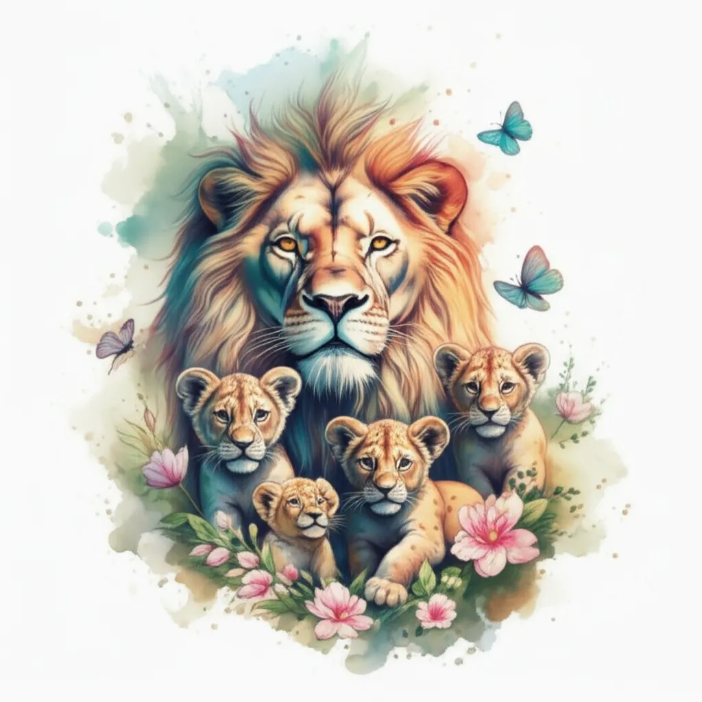 Watercolor Lion Family Tattoo: Mom & 5 Cubs with Flowers Watercolor Lion Family Tattoo: Mom & 5 Cubs with Flowers