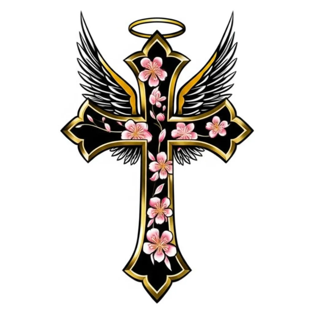 Neo-Traditional Cross Tattoo with Cherry Blossoms and Angel Wings Neo-Traditional Cross Tattoo with Cherry Blossoms and Angel Wings