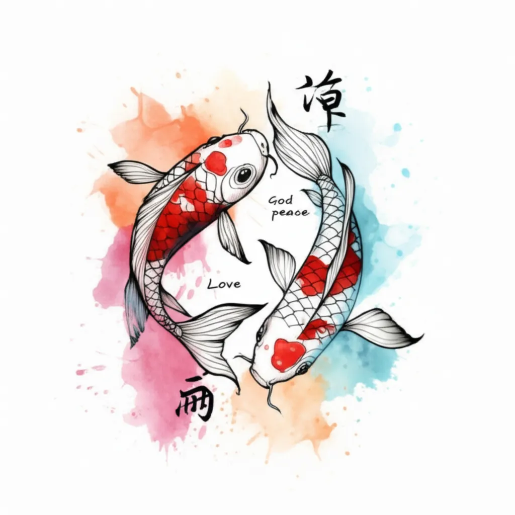 Watercolor Koi Fish Tattoo with Japanese Symbols Meaning Love, God, and Peace