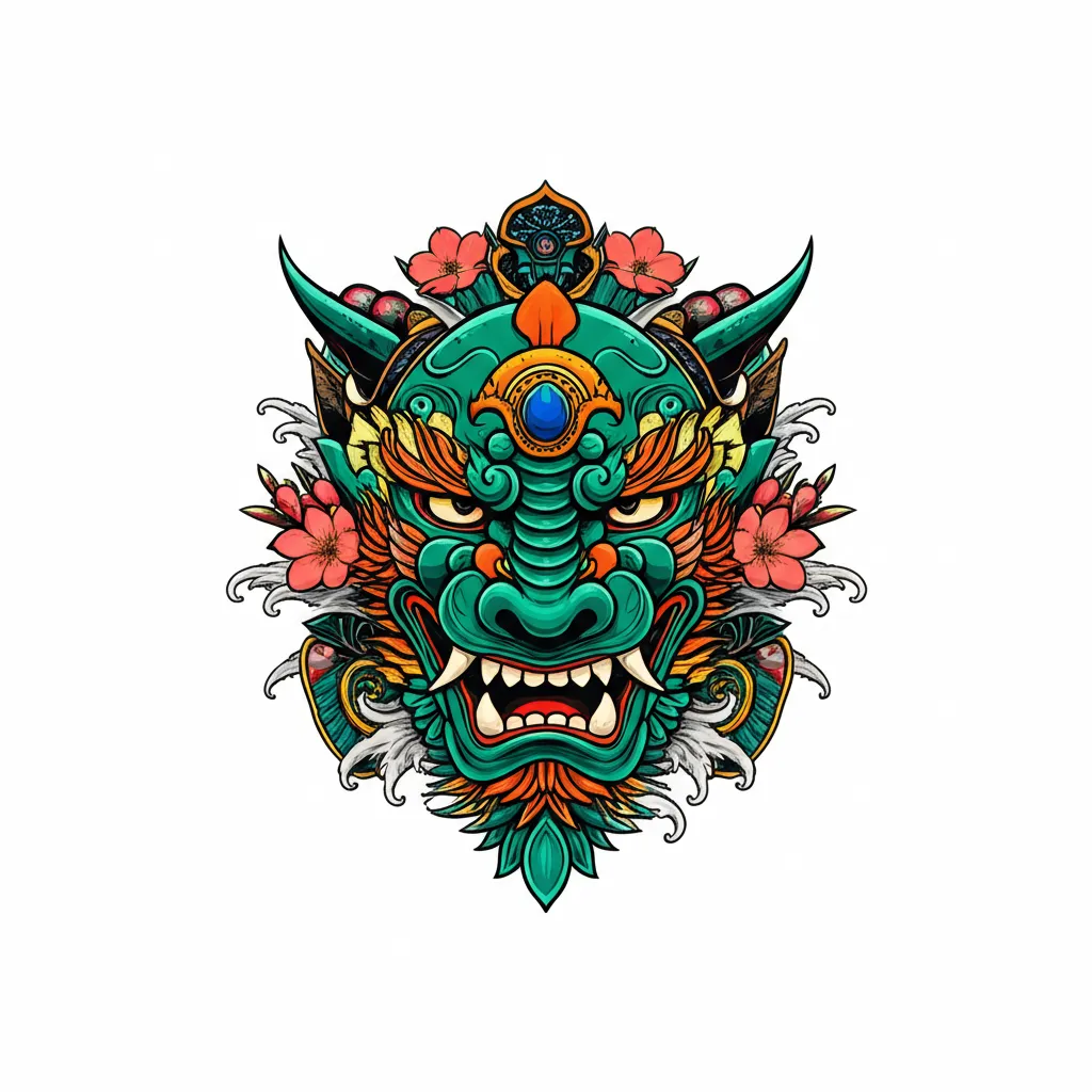 Aztec Inspired Japanese Oni Mask Tattoo Design Aztec Inspired Japanese Oni Mask Tattoo Design