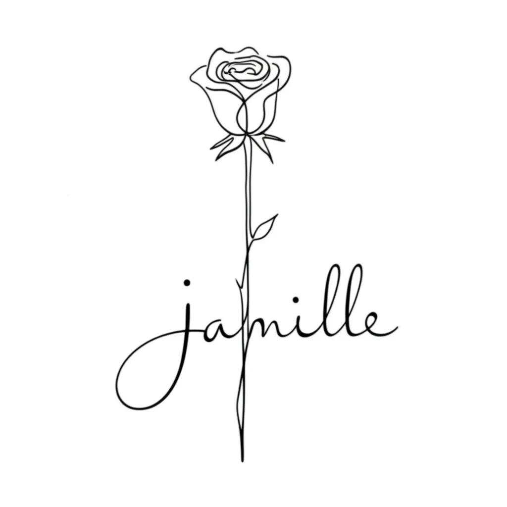 Minimalist Rose Tattoo with Name Jamille Stem - Meaning & Design Ideas
