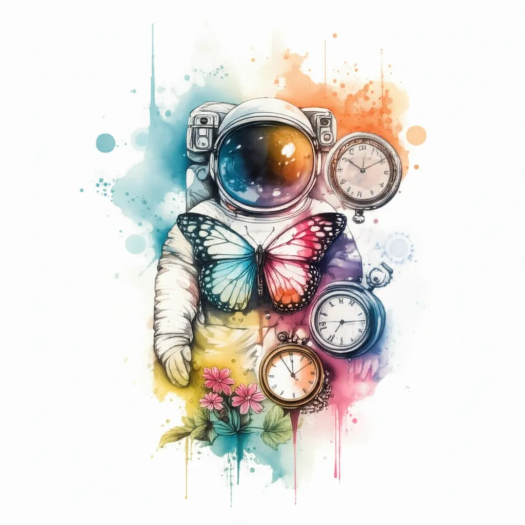 Watercolor Astronaut Tattoo with Butterfly, Planets, Flowers, and Time Clocks Watercolor Astronaut Tattoo with Butterfly, Planets, Flowers, and Time Clocks