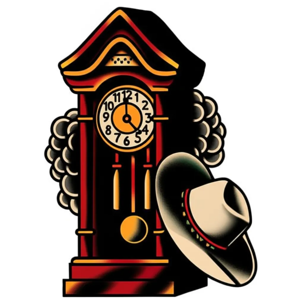 American Traditional Grandfather Clock Cowboy Hat Tattoo