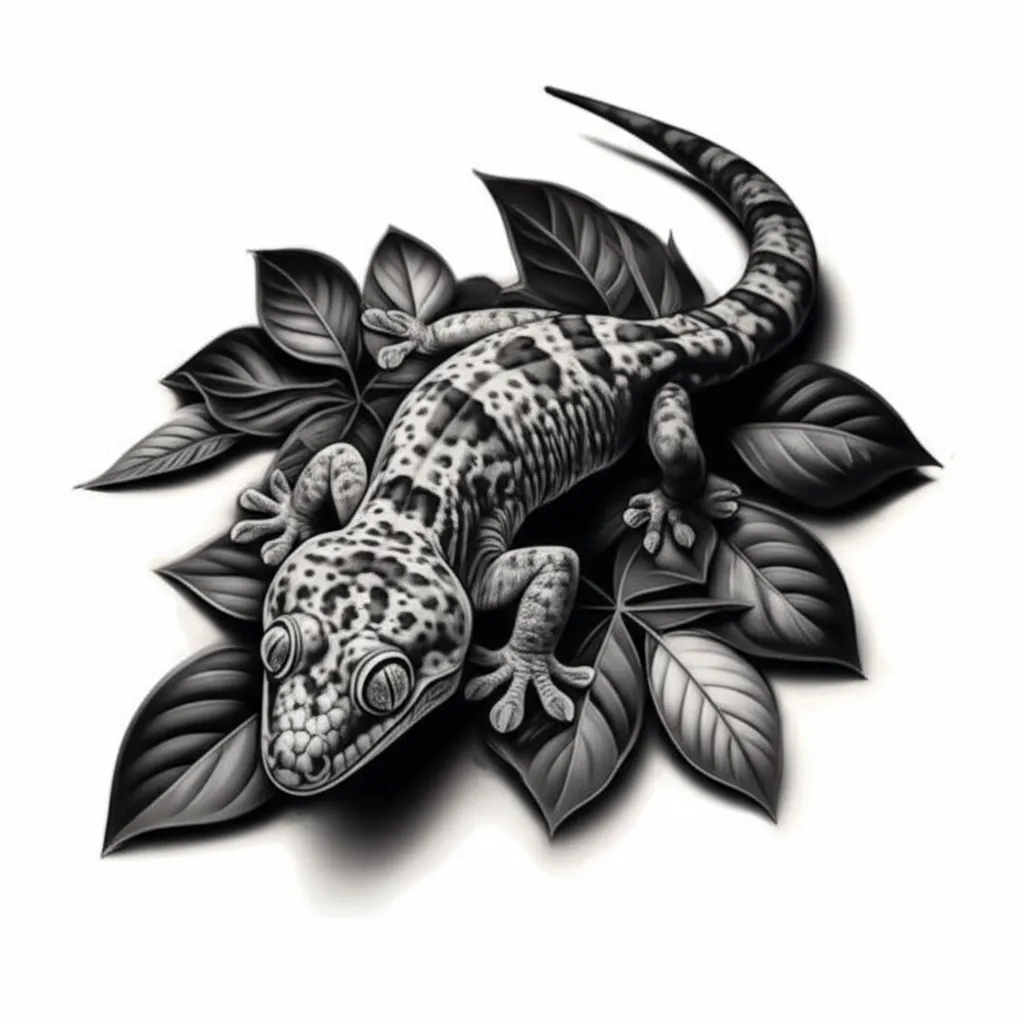 Realistic Tokay Gecko Tattoo Design with Leaves Realistic Tokay Gecko Tattoo Design with Leaves