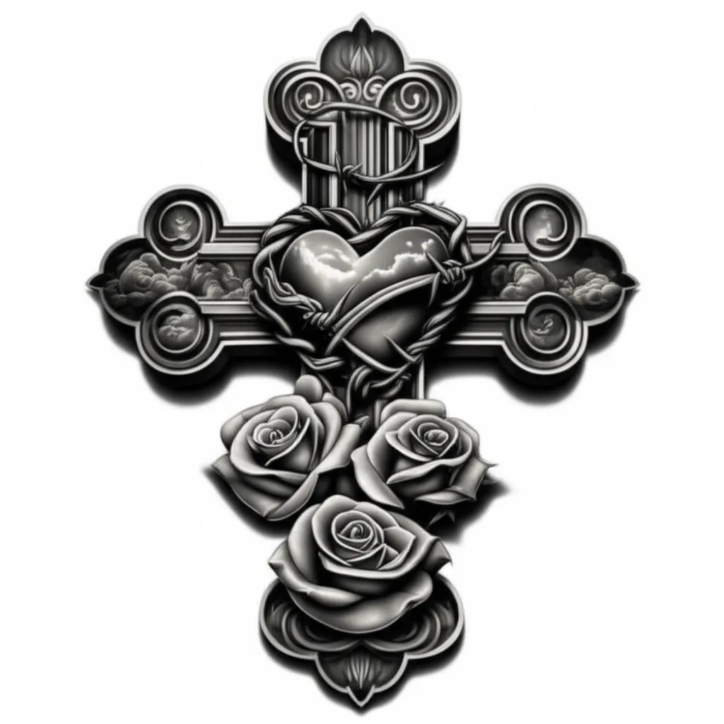 Realism Cross Heart Barbwire Roses Tattoo Design Realism Cross Heart Barbwire Roses Tattoo Design