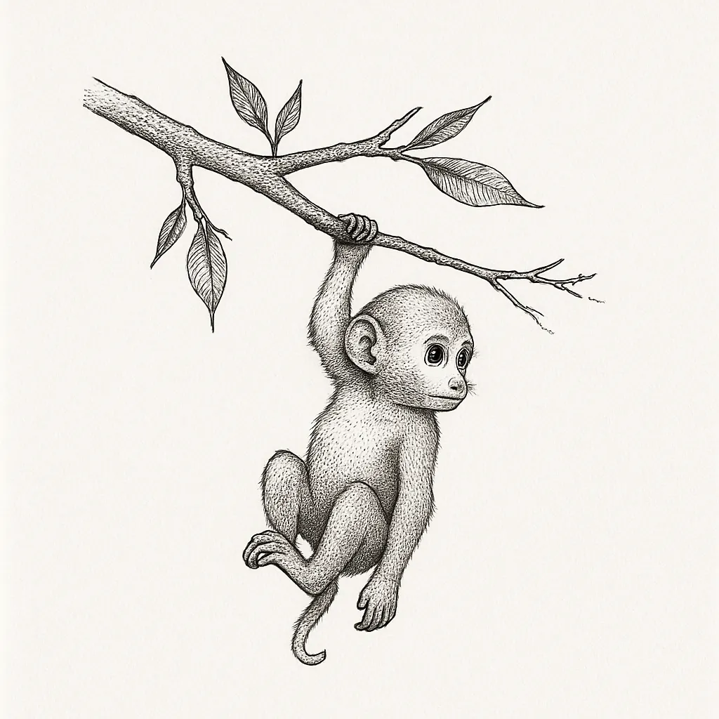 Fine Line Baby Monkey on Tree Branch Tattoo Idea | PokeINK AI Tattoo ...