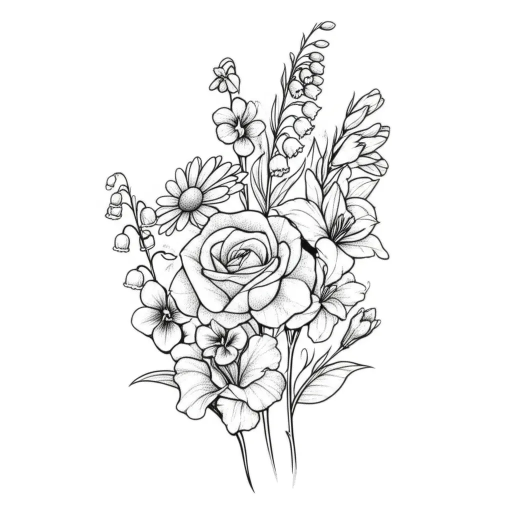 Fine Line Floral Bouquet Tattoo: Violet, Daisy, Lily, Rose, Gladiolus Fine Line Floral Bouquet Tattoo: Violet, Daisy, Lily, Rose, Gladiolus
