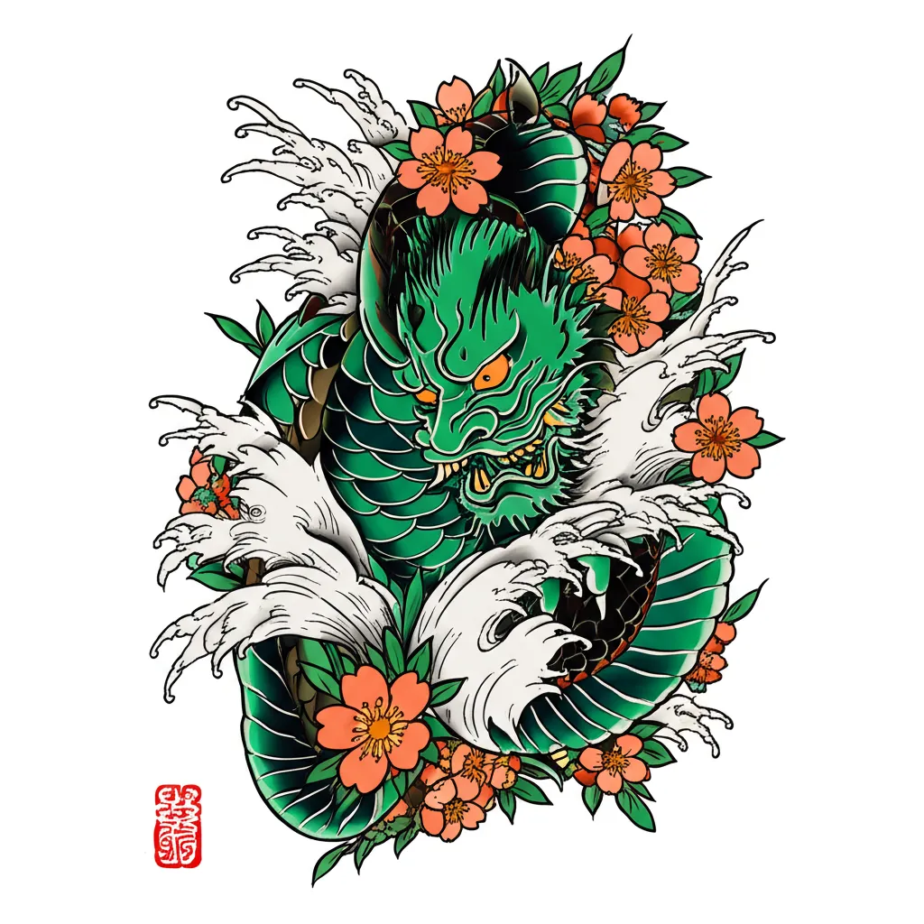 Shin Tattoo Ideas: Japanese Dragon with Cherry Blossoms