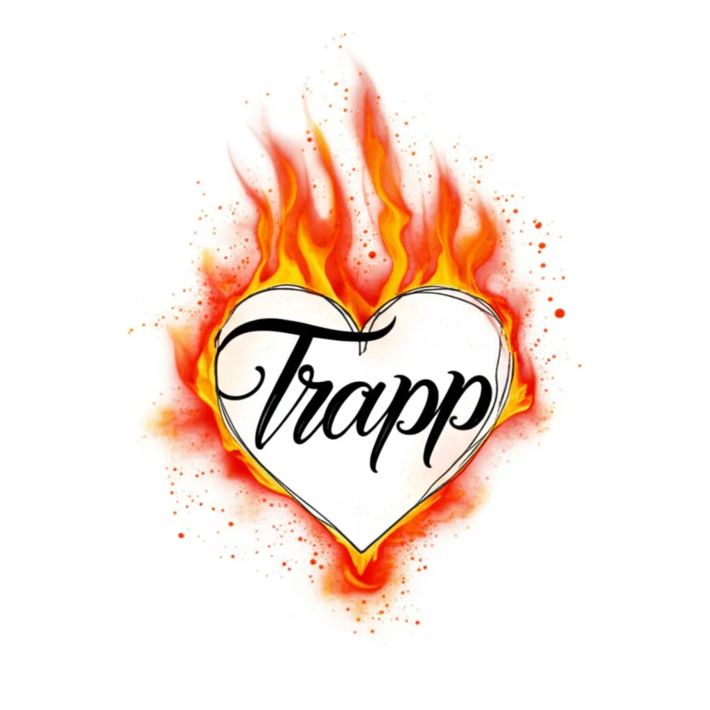 Trapp Name Tattoo in Flaming Heart - Watercolor Style Trapp Name Tattoo in Flaming Heart - Watercolor Style