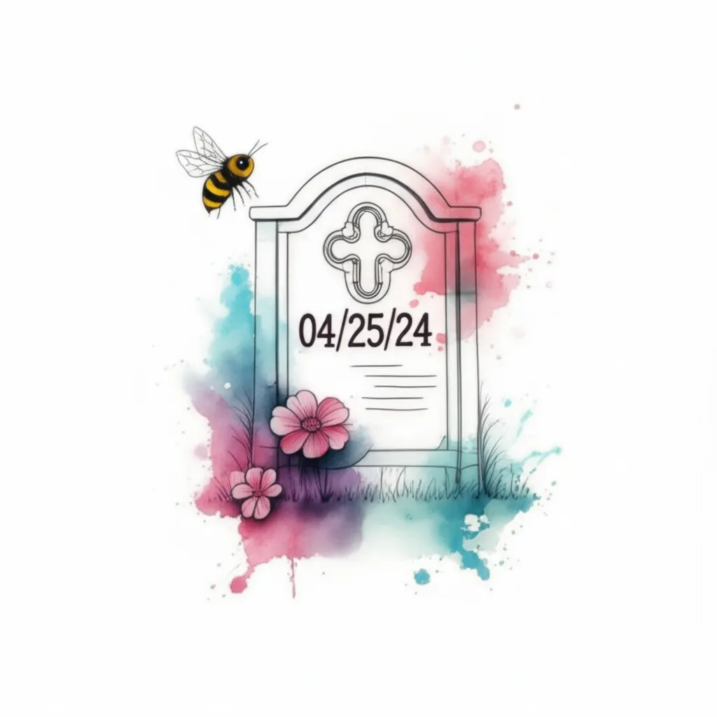 Watercolor Grave & Bee Tattoo with Date - Memorial Tattoo Idea