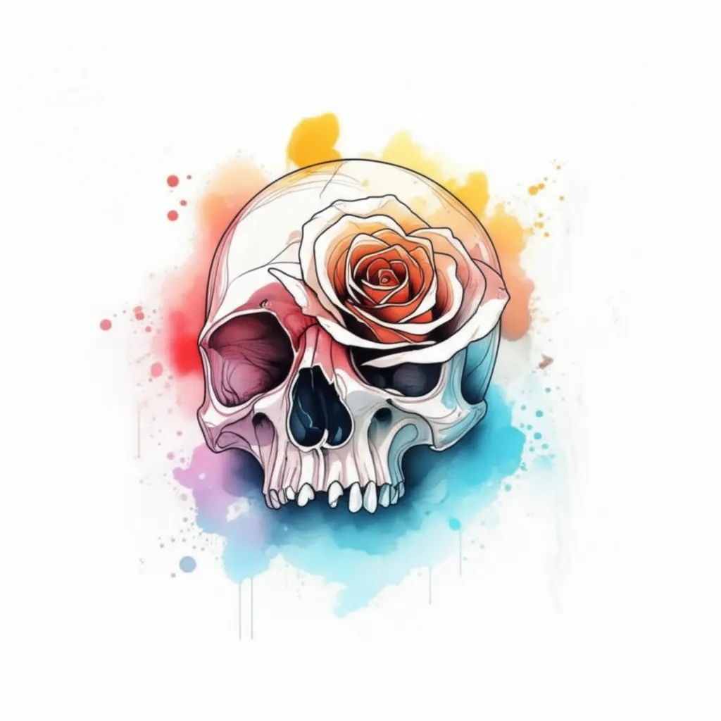Watercolor Skull and Rose Tattoo Design