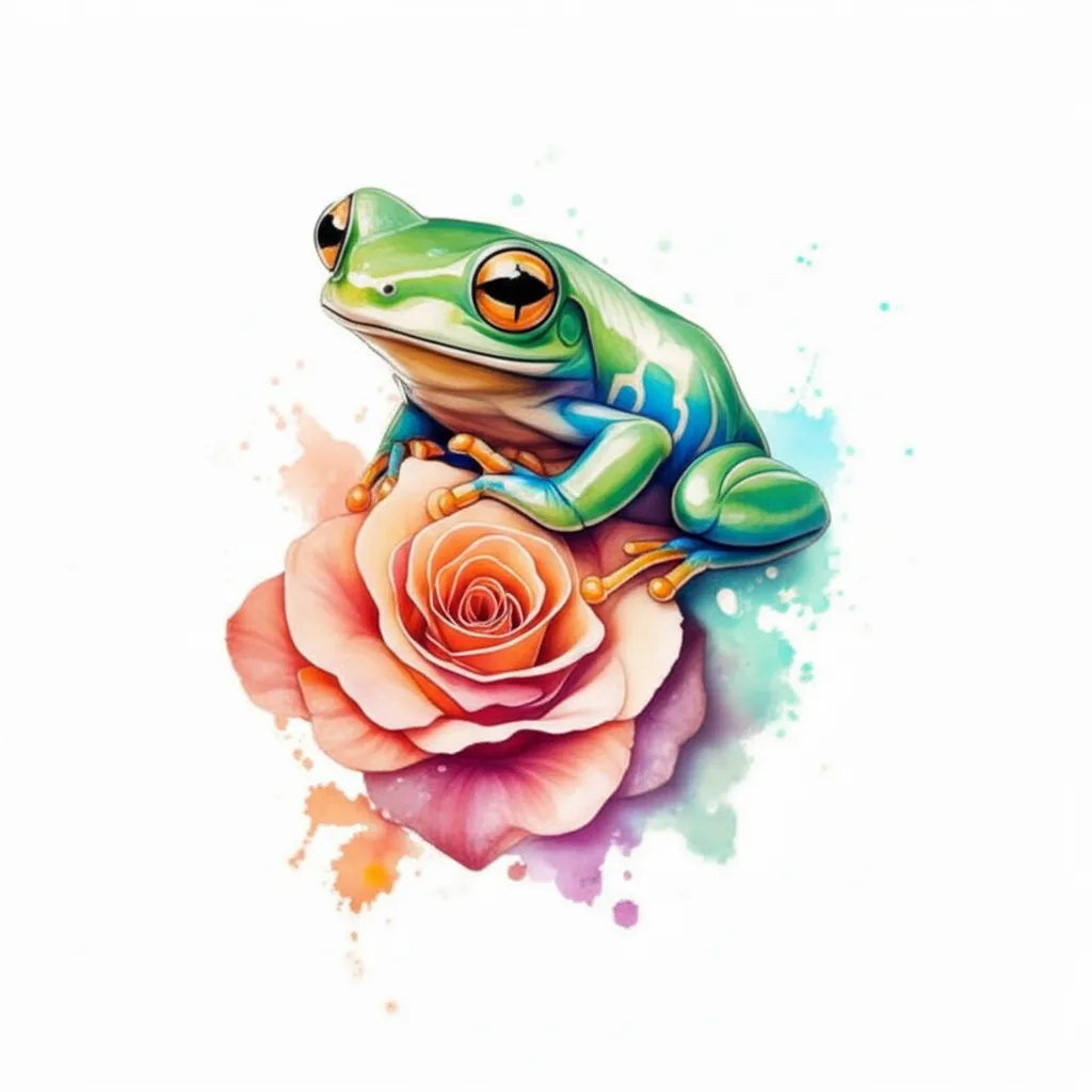 Watercolor Tree Frog and Peach Rose Tattoo Design
