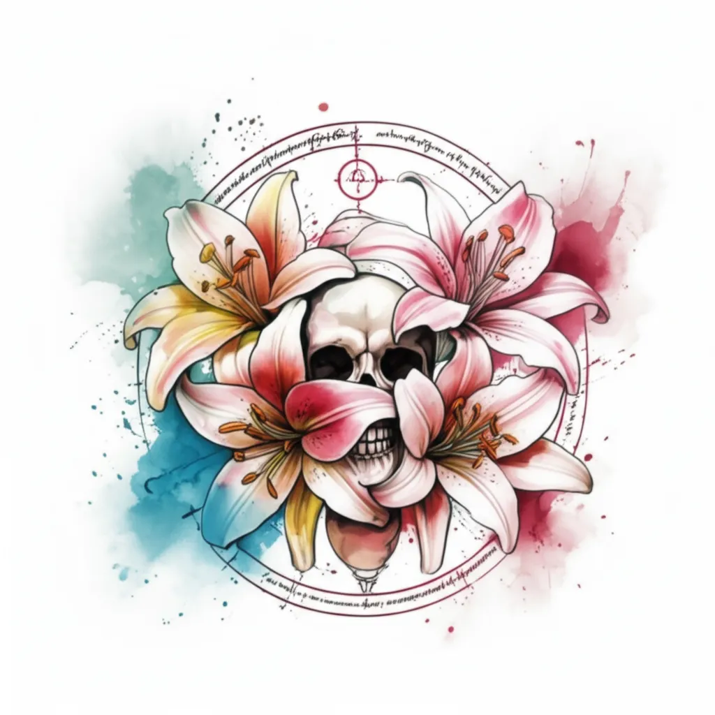 Watercolor Lily and Skull Tattoo Design Watercolor Lily and Skull Tattoo Design