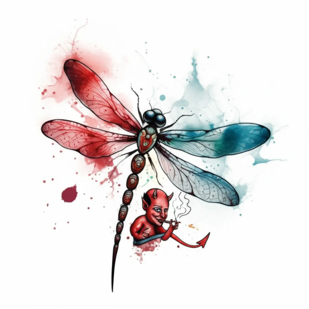 Watercolor Dragonfly Tattoo with Cartoon Devil Watercolor Dragonfly Tattoo with Cartoon Devil