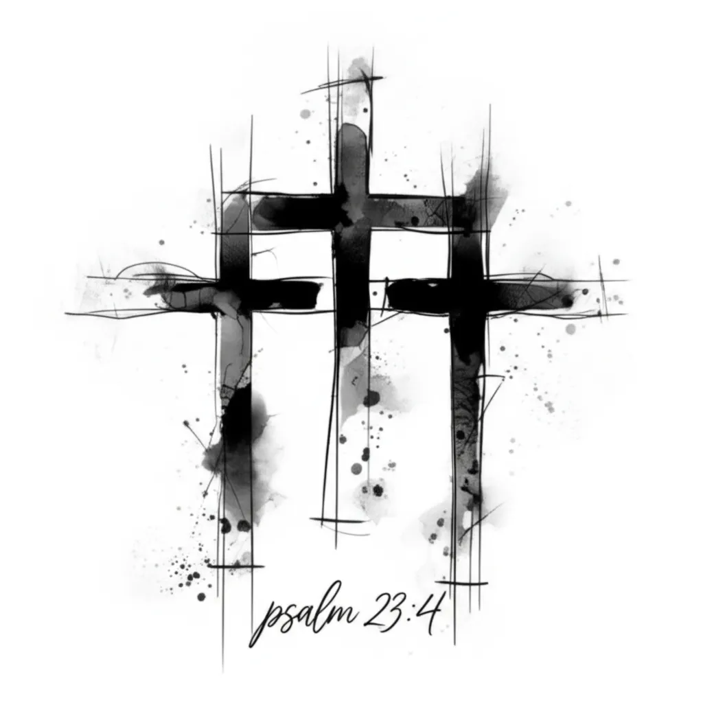 Watercolor Three Cross Tattoo with Psalm 23:4 Design