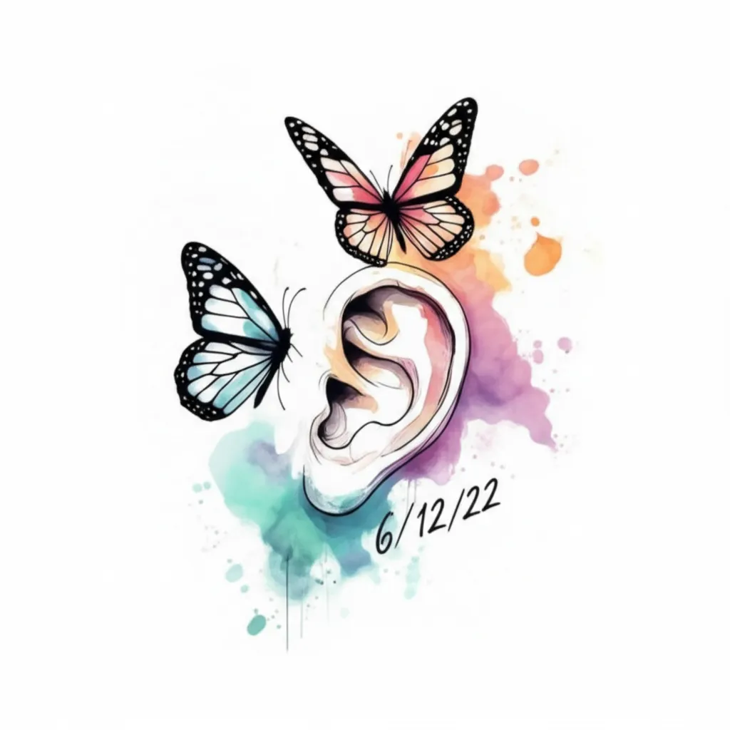 Watercolor Butterfly Tattoo Behind Ear with Date 6/12/22